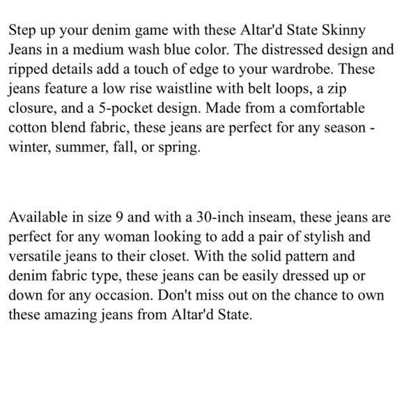 Altar’d State Women’s Distressed Denim Skinny Jeans Medium Wash Sz 9 Low Rise - Picture 5 of 5